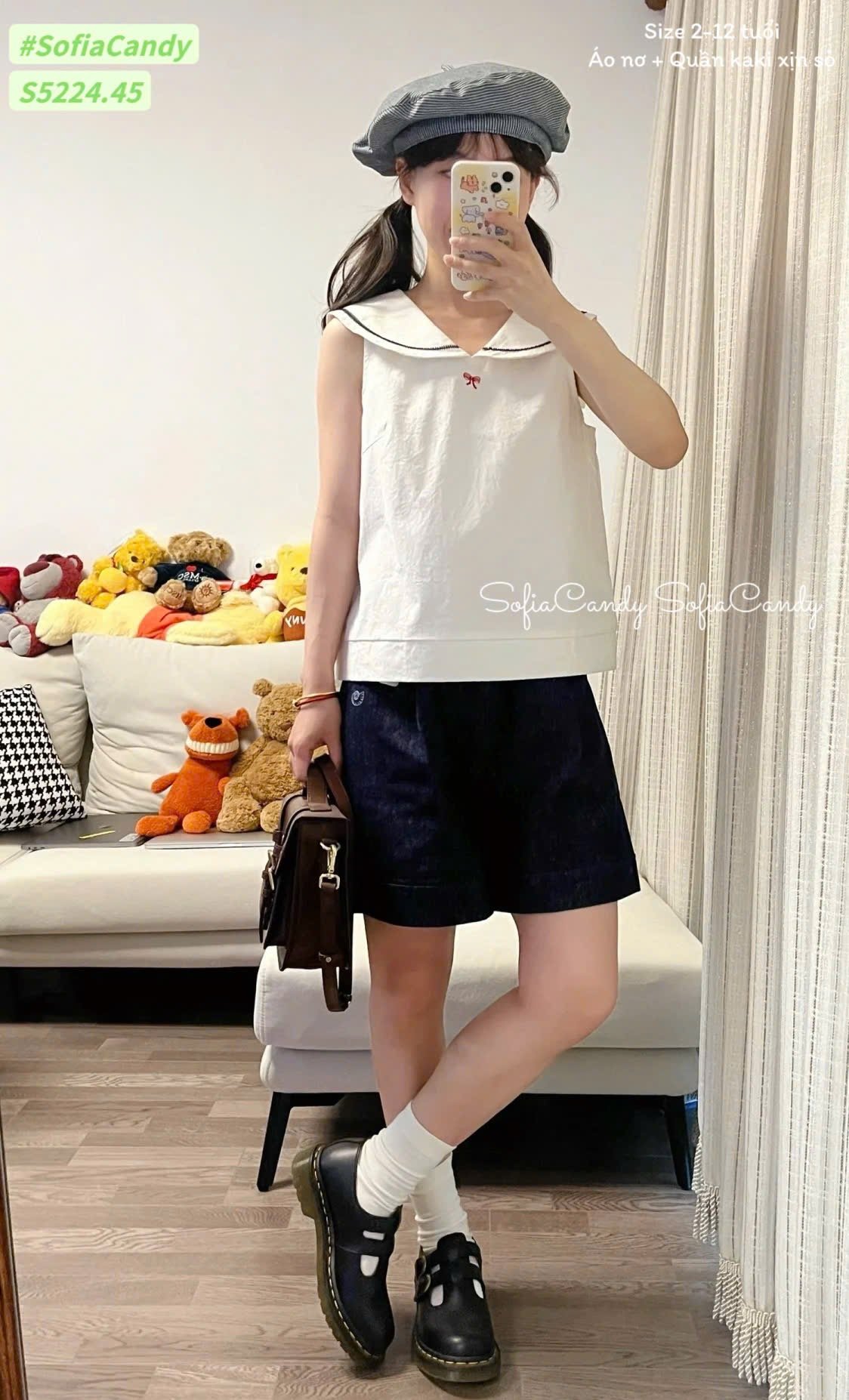 S5224 - Bộ Sofia Candy áo trắng thêu nơ + quần kaki bé gái size 2-12y