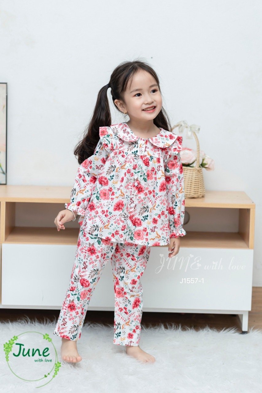 Bộ pyjama thô June with love cổ sen vai bèo 3 màu size 1-10y