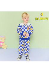 Bộ nỉ da cá Hej Mini xuất Hàn màu kẻ caro xanh gấu teddy size 90/110
