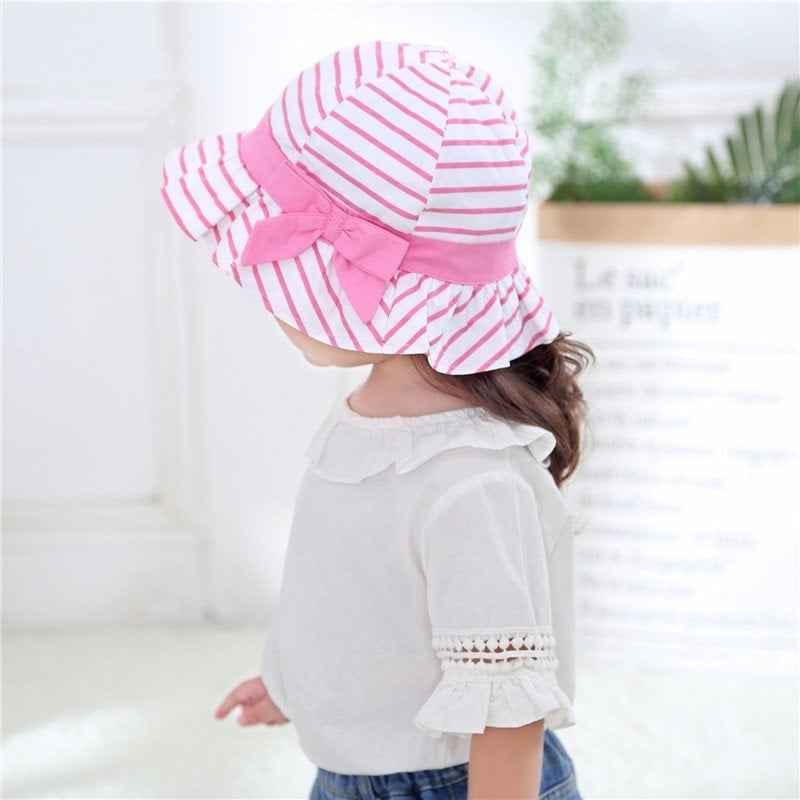 Mũ vải vành Miller BG - trắng kẻ hồng nơ