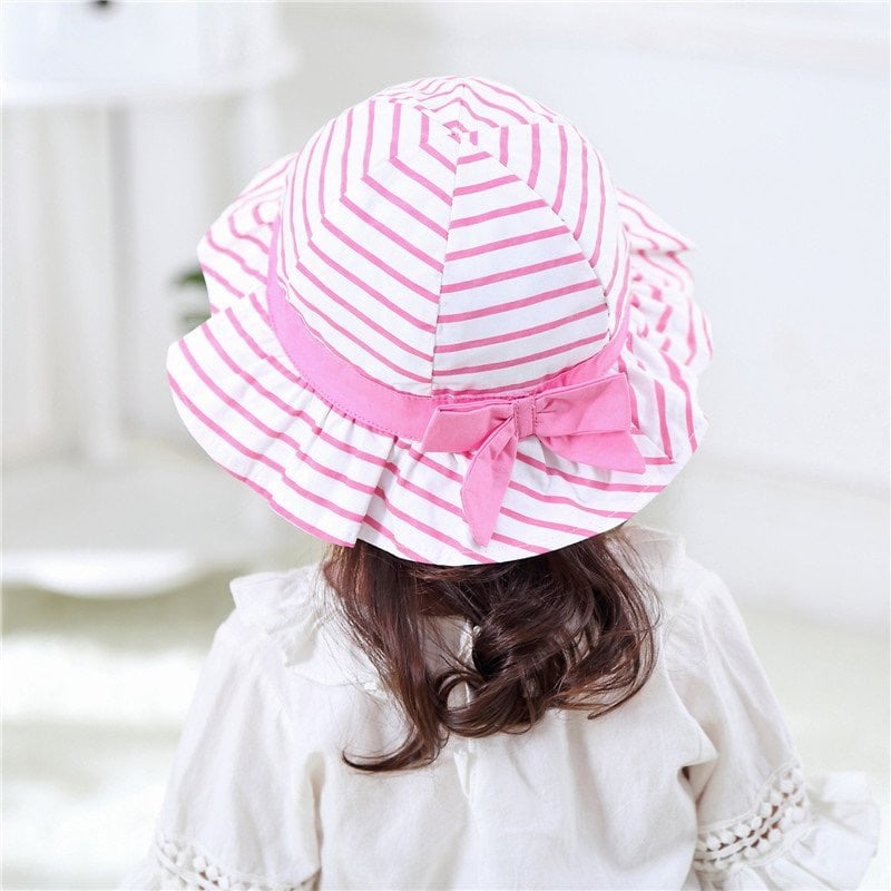 Mũ vải vành Miller BG - trắng kẻ hồng nơ