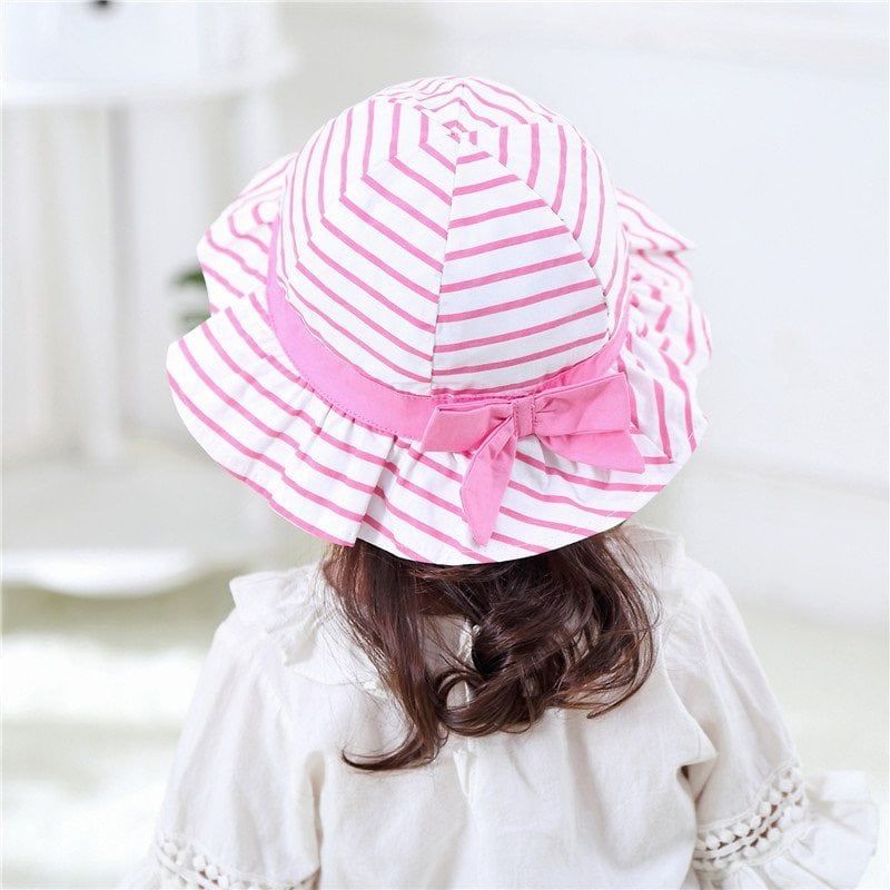 Mũ vải vành Miller BG - trắng kẻ hồng nơ