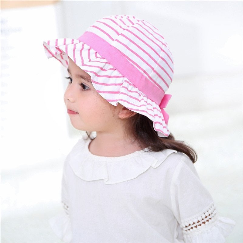 Mũ vải vành Miller BG - trắng kẻ hồng nơ