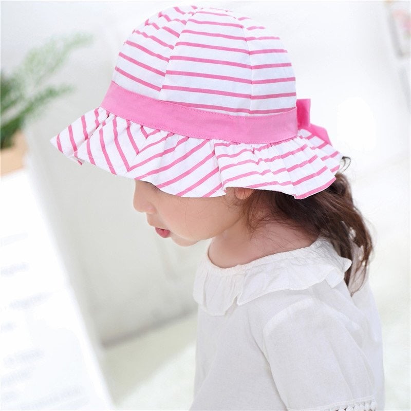 Mũ vải vành Miller BG - trắng kẻ hồng nơ