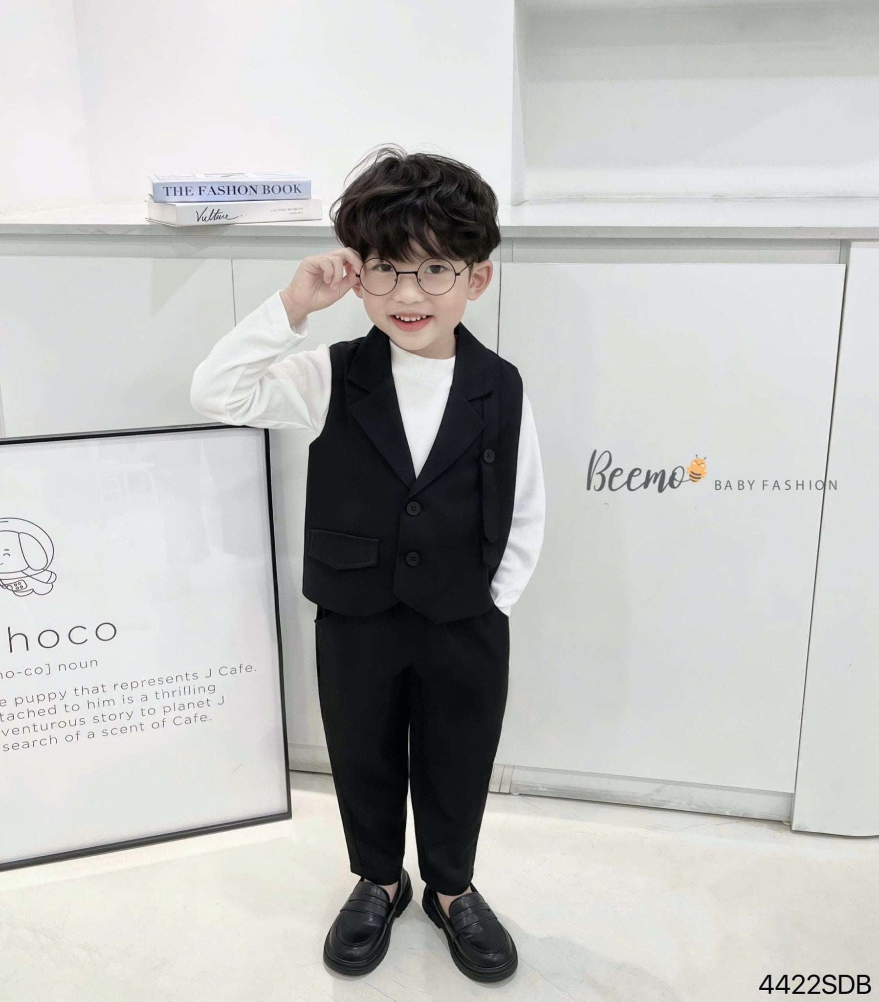 Set 3 chi tiết Beemo áo gile vest đen + áo thun tăm trắng + quần đen bé trai size 80 - 130
