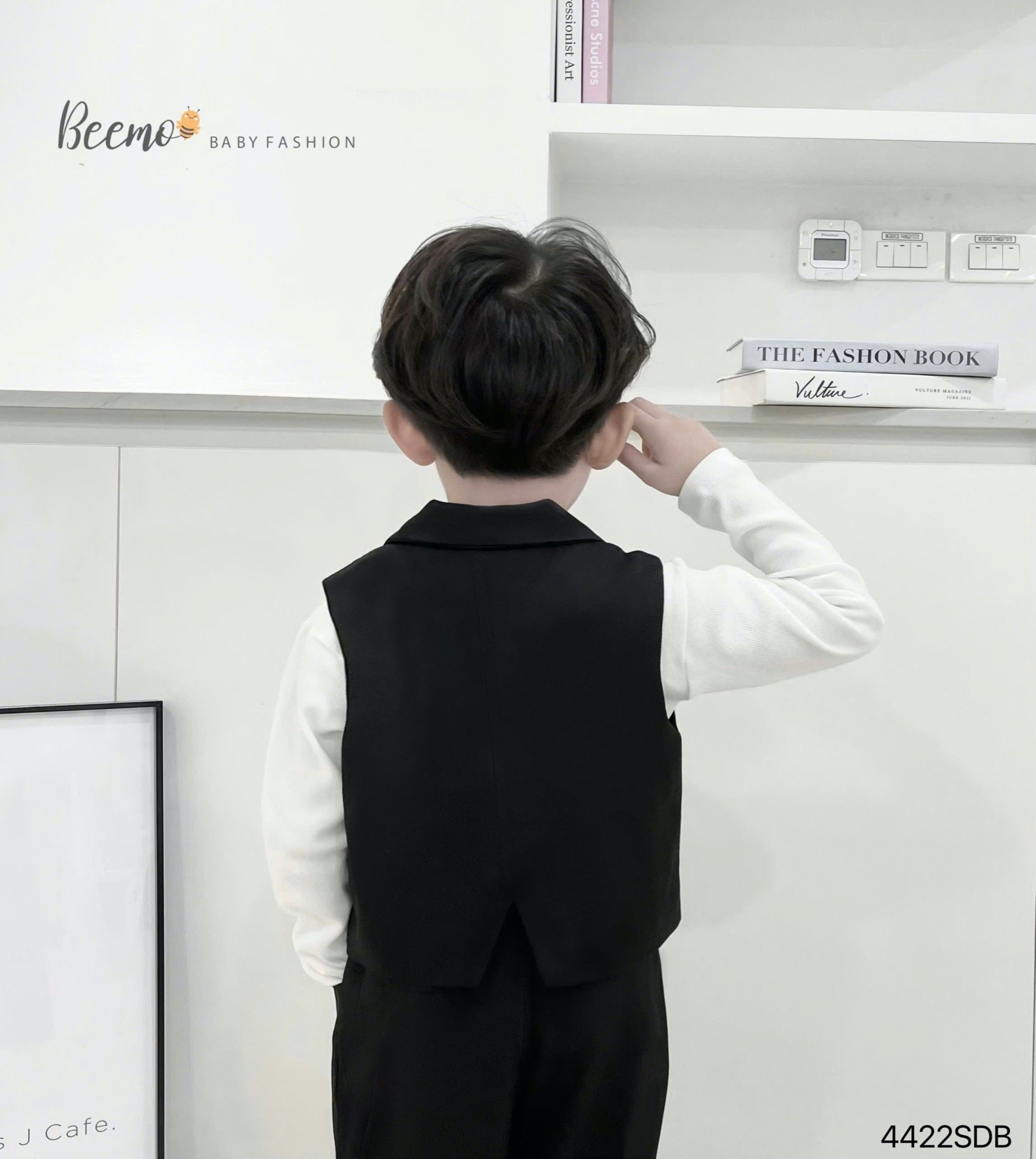 Set 3 chi tiết Beemo áo gile vest đen + áo thun tăm trắng + quần đen bé trai size 80 - 130