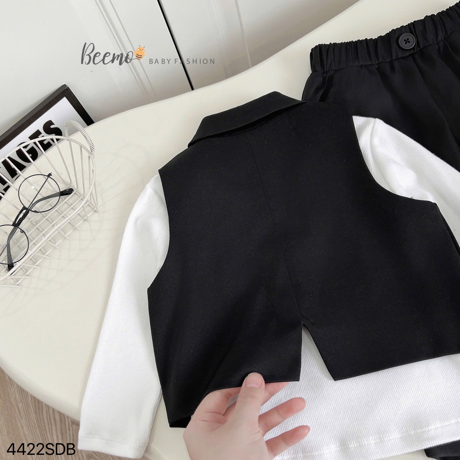 Set 3 chi tiết Beemo áo gile vest đen + áo thun tăm trắng + quần đen bé trai size 80 - 130