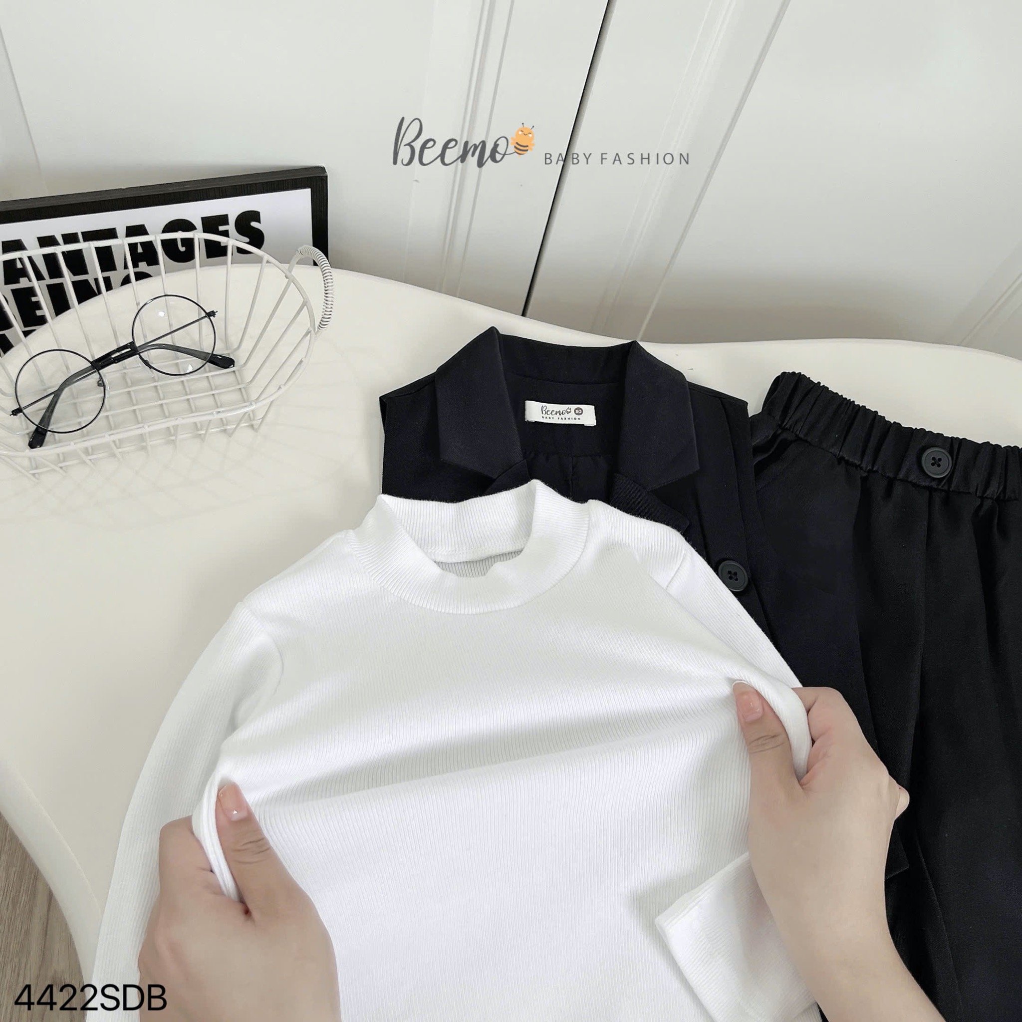 Set 3 chi tiết Beemo áo gile vest đen + áo thun tăm trắng + quần đen bé trai size 80 - 130