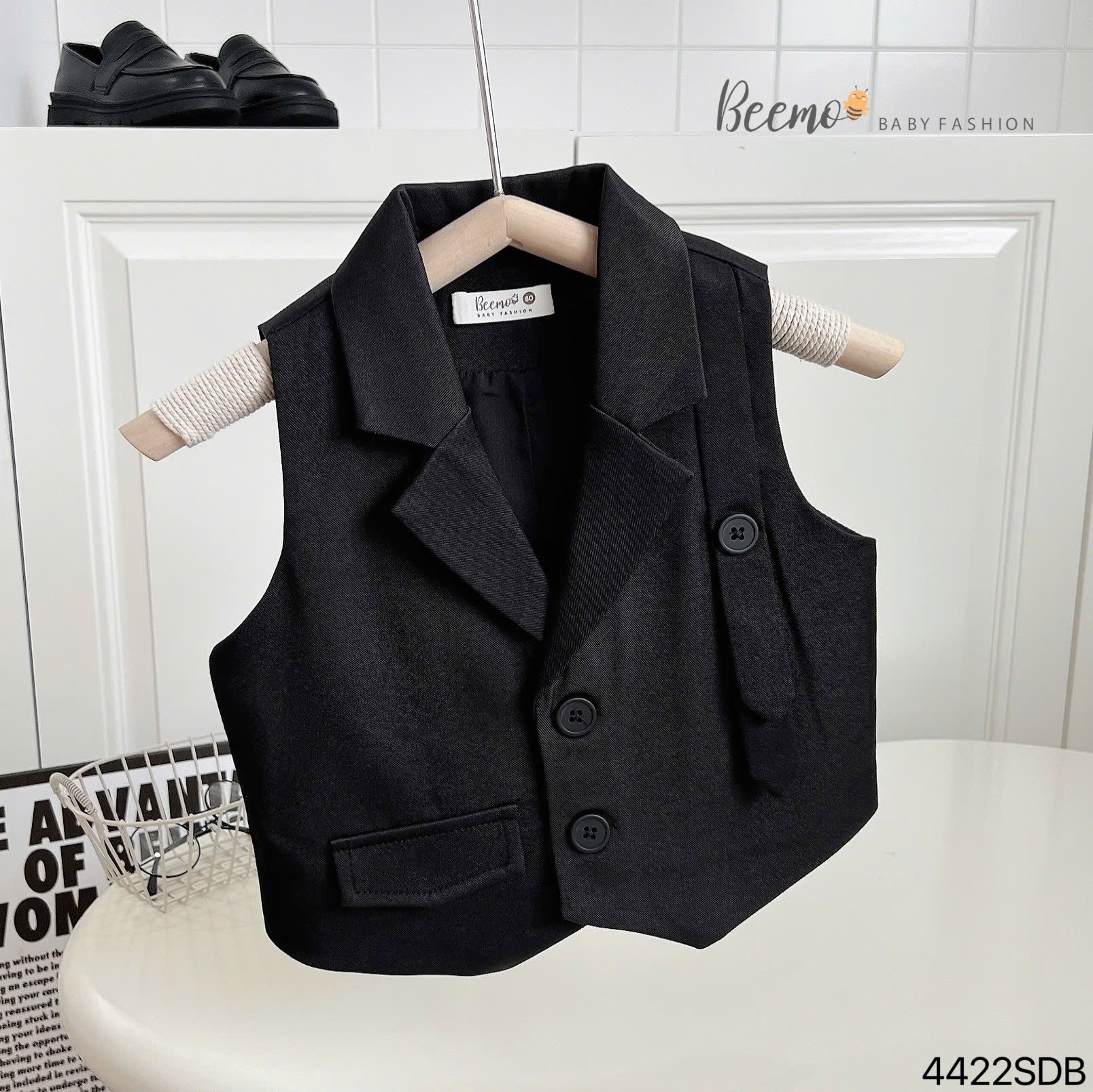 Set 3 chi tiết Beemo áo gile vest đen + áo thun tăm trắng + quần đen bé trai size 80 - 130