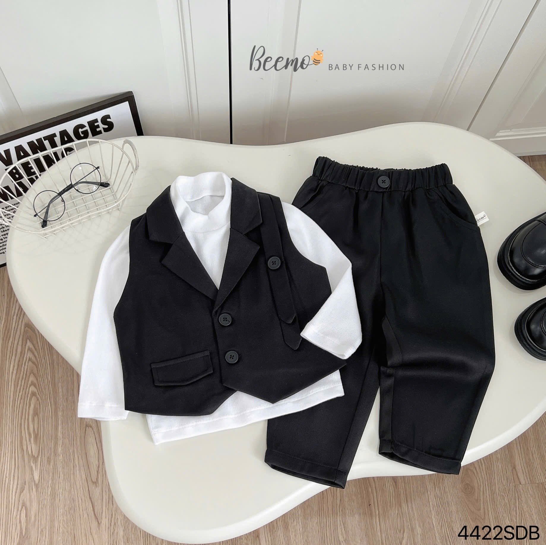 Set 3 chi tiết Beemo áo gile vest đen + áo thun tăm trắng + quần đen bé trai size 80 - 130