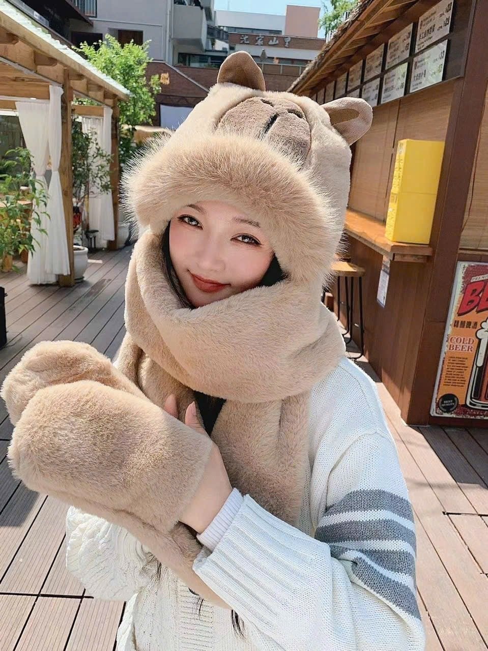 Mũ lông chùm liền khăn dài và chụp tay nhiều mẫu dòng đại cho Mẹ và Bé lớn