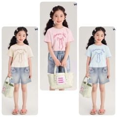 Bộ Nexxi áo thun croptop in nơ + quần short jean bé gái size 3-14y