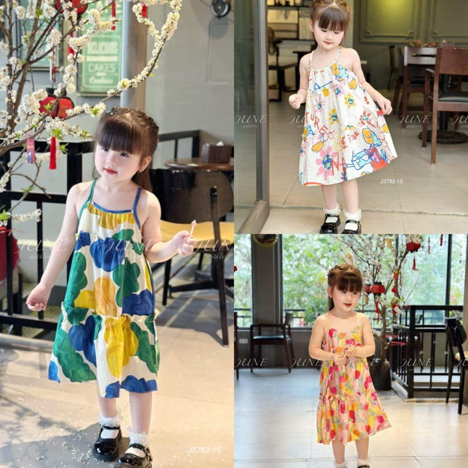 V00052 - Váy June with love vải thô mát 2 dây kèm kẹp tóc nhiều màu BG size 1-10y