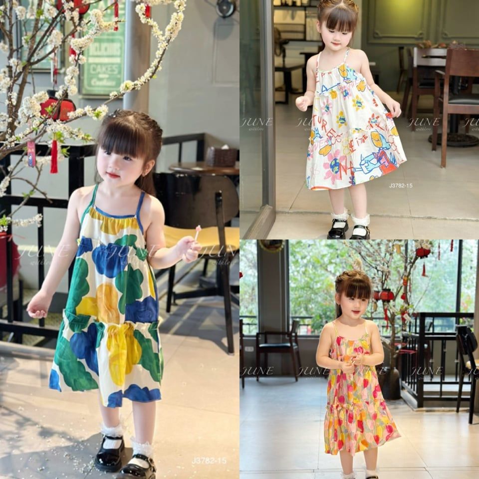 V00052 - Váy June with love vải thô mát 2 dây kèm kẹp tóc nhiều màu BG size 1-10y