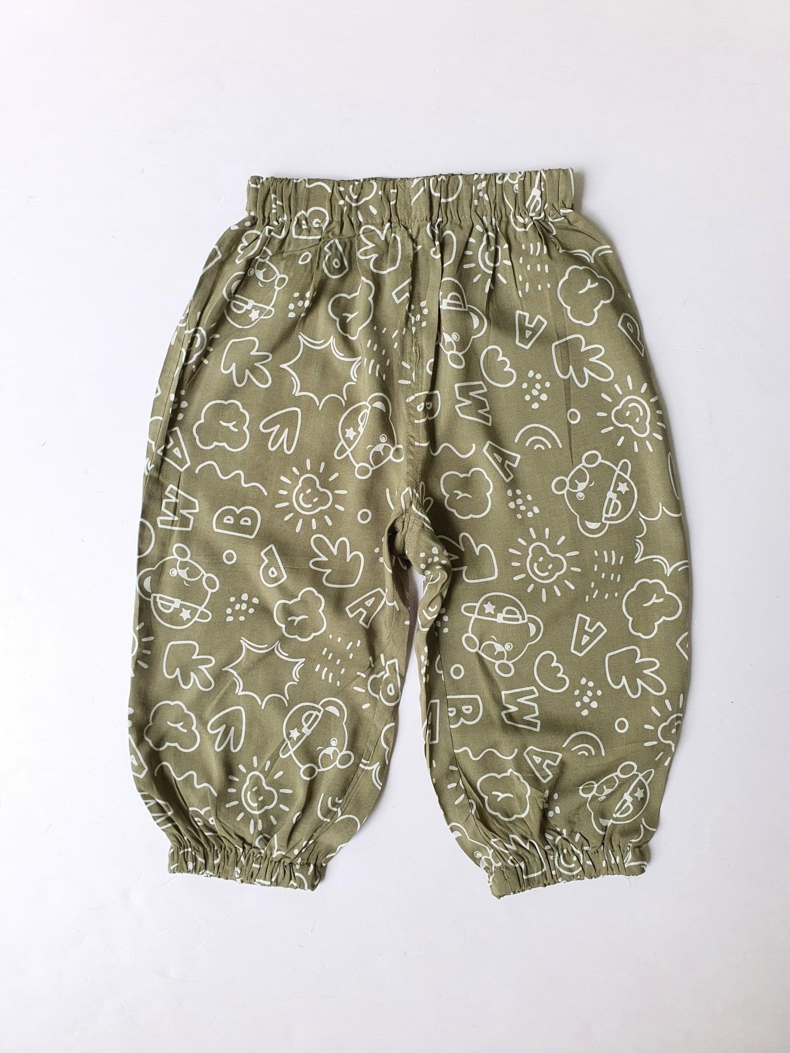 Quần lanh bo gấu xuất Hàn hình gấu chữ in tràn 3 màu size 80 - 160