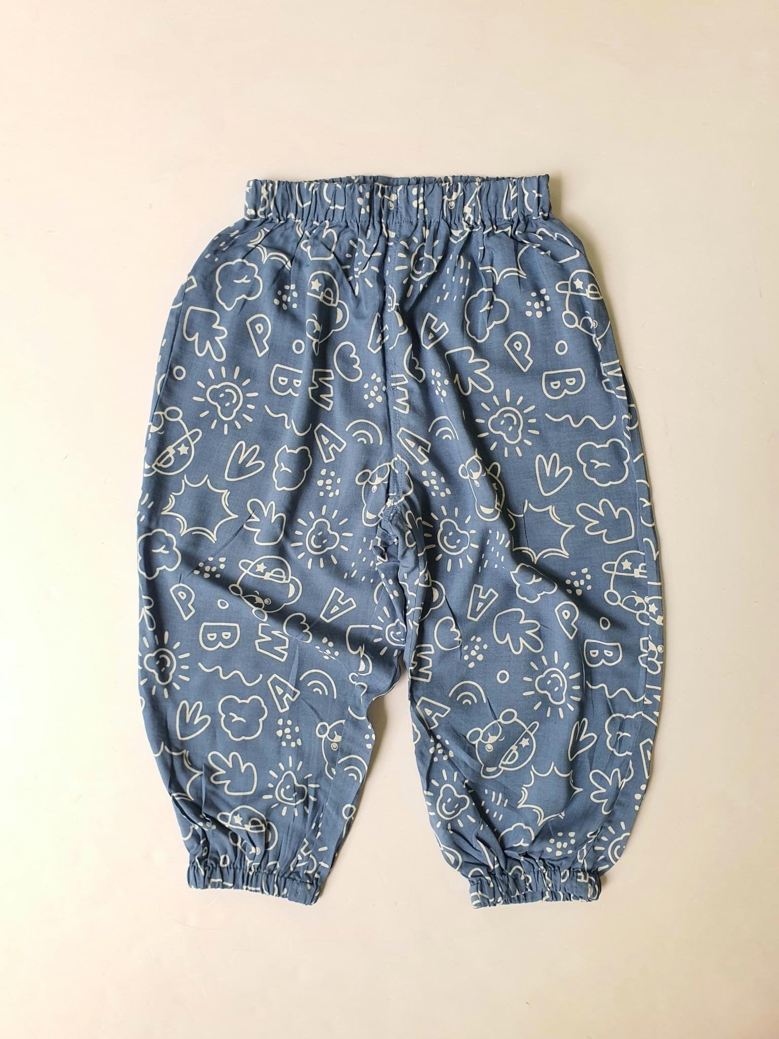 Quần lanh bo gấu xuất Hàn hình gấu chữ in tràn 3 màu size 80 - 160