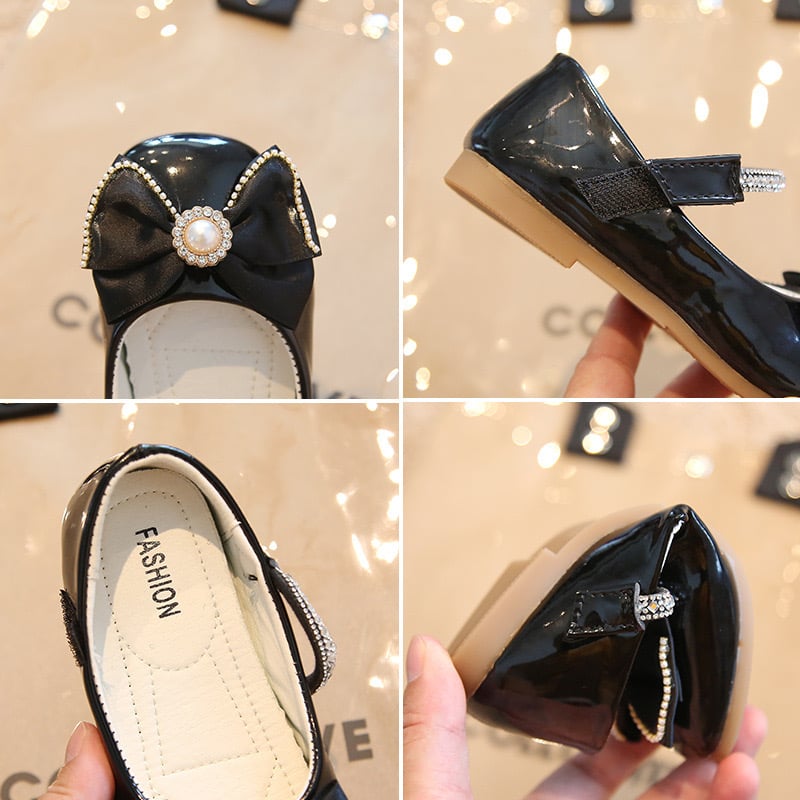 V550 - Giày búp bê đính nơ quai dán 2 màu đen/kem cho bé size 21-36