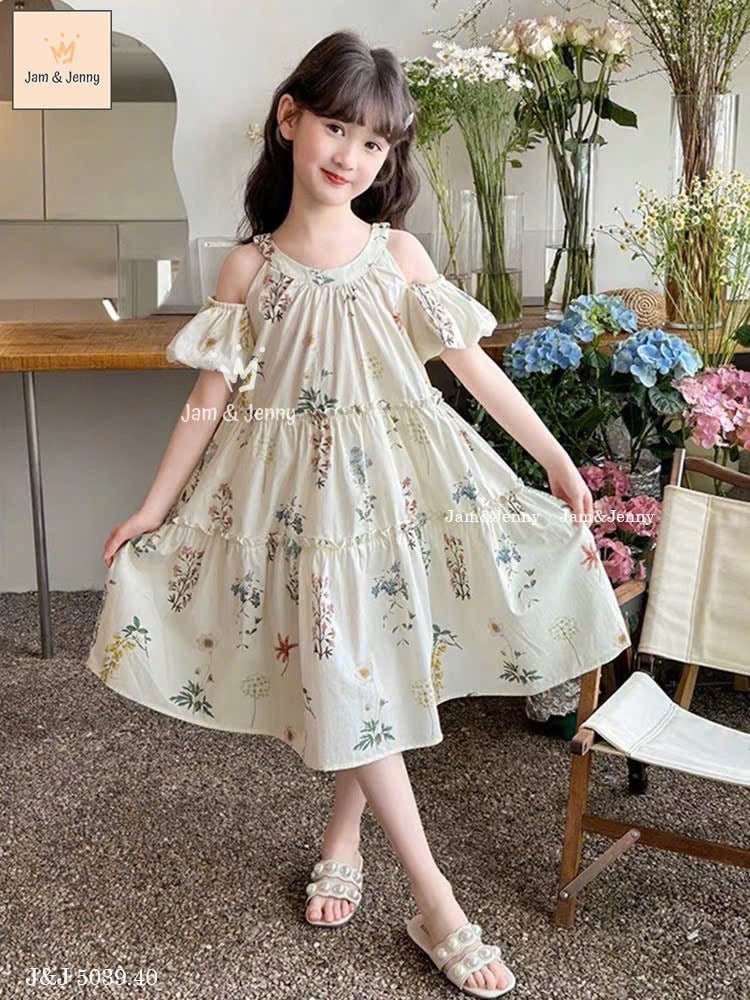 JJ 5039 - Váy vải thô Jam & Jenny cổ yếm trễ vai hoạ tiết hoa bé gái size 2-12y