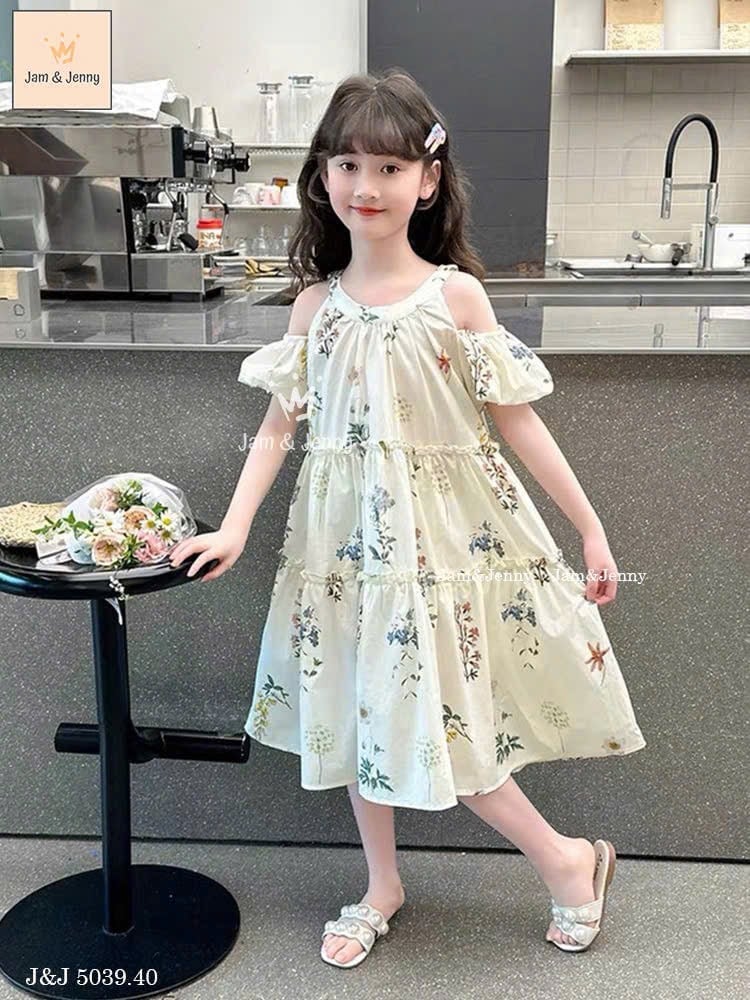 JJ 5039 - Váy vải thô Jam & Jenny cổ yếm trễ vai hoạ tiết hoa bé gái size 2-12y
