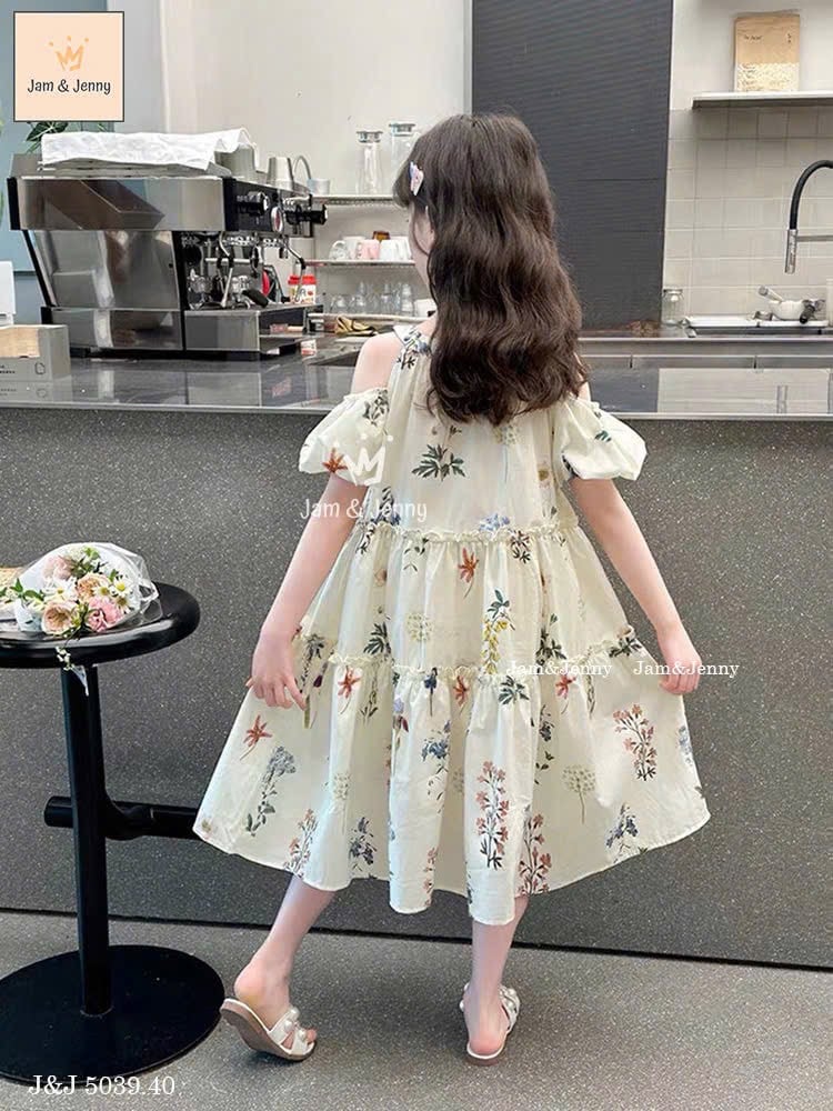 JJ 5039 - Váy vải thô Jam & Jenny cổ yếm trễ vai hoạ tiết hoa bé gái size 2-12y