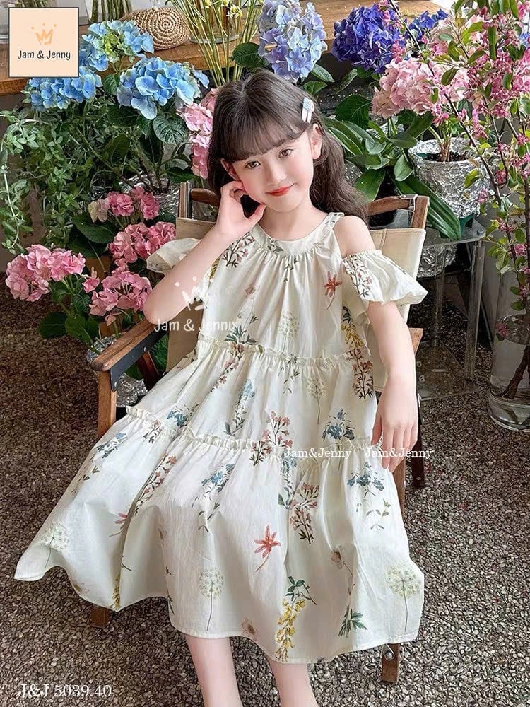 JJ 5039 - Váy vải thô Jam & Jenny cổ yếm trễ vai hoạ tiết hoa bé gái size 2-12y