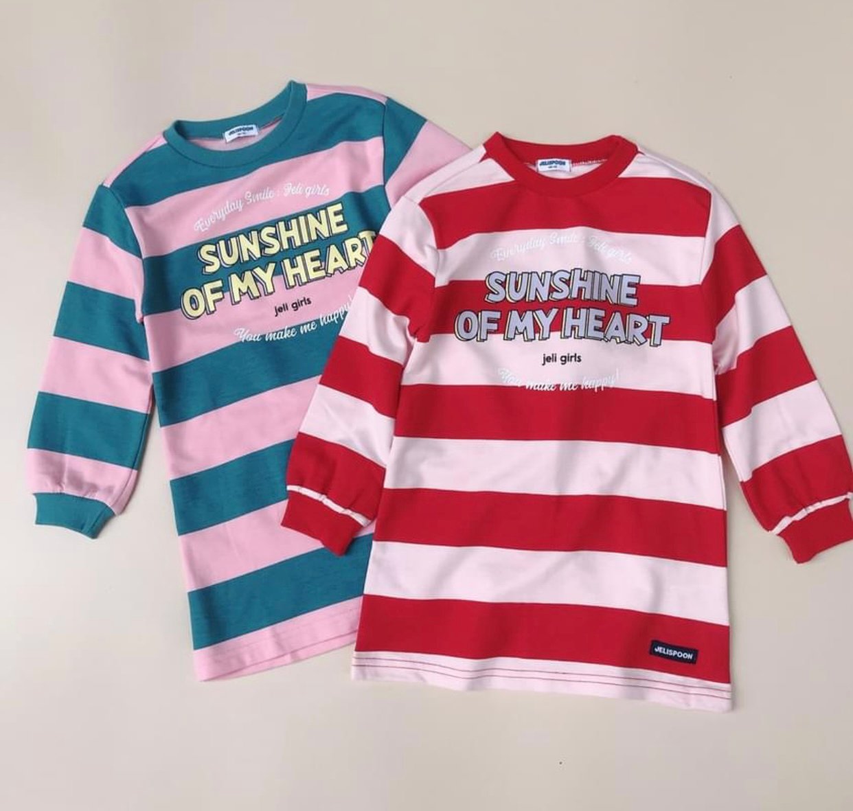 Áo váy nỉ da cá Jelispoon kẻ 2 màu hồng/đỏ