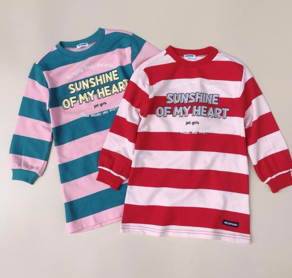 Áo váy nỉ da cá Jelispoon kẻ 2 màu hồng/đỏ