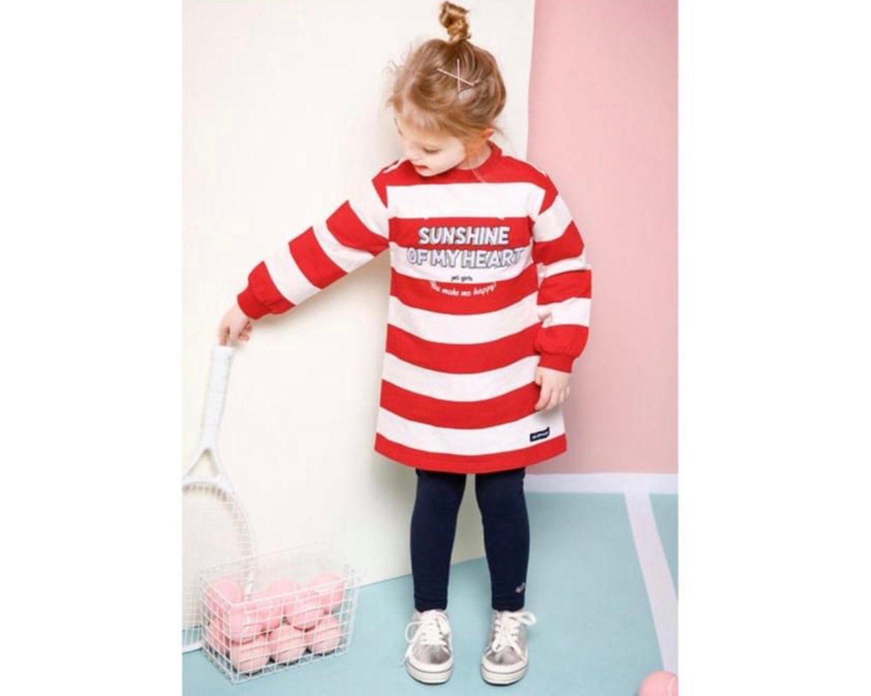 Áo váy nỉ da cá Jelispoon kẻ 2 màu hồng/đỏ