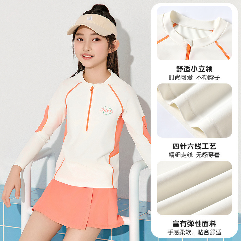 YY7520 - Bộ bơi YUKE dài tay chống nắng màu kem phối cam bé gái size XL-6XL