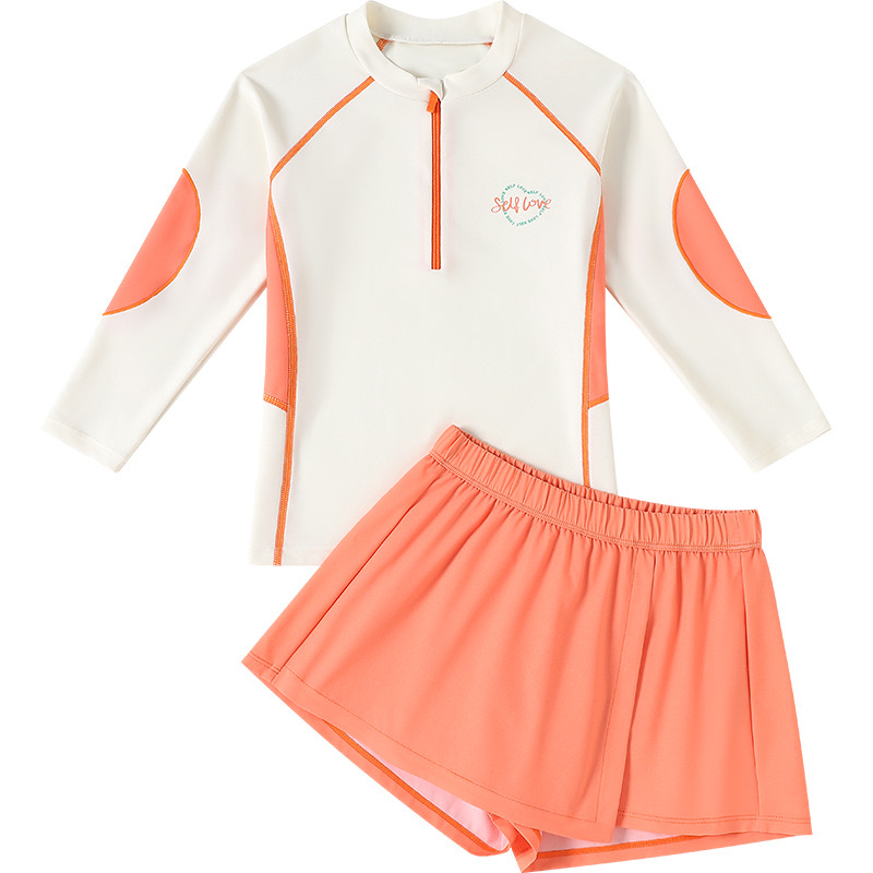 YY7520 - Bộ bơi YUKE dài tay chống nắng màu kem phối cam bé gái size XL-6XL