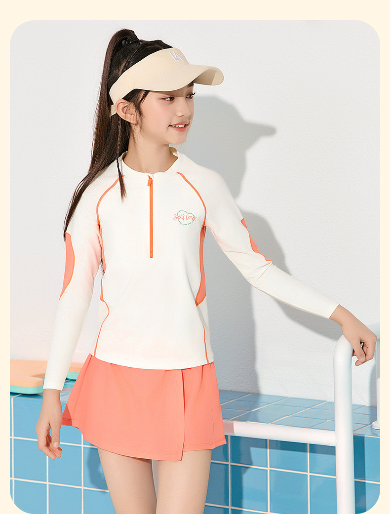 YY7520 - Bộ bơi YUKE dài tay chống nắng màu kem phối cam bé gái size XL-6XL