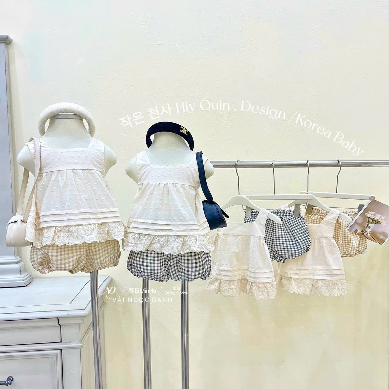 Bộ Hiyquin áo màu be phối chân ren + quần đùi bồng kẻ caro nhiều màu bé gái size 1-7y