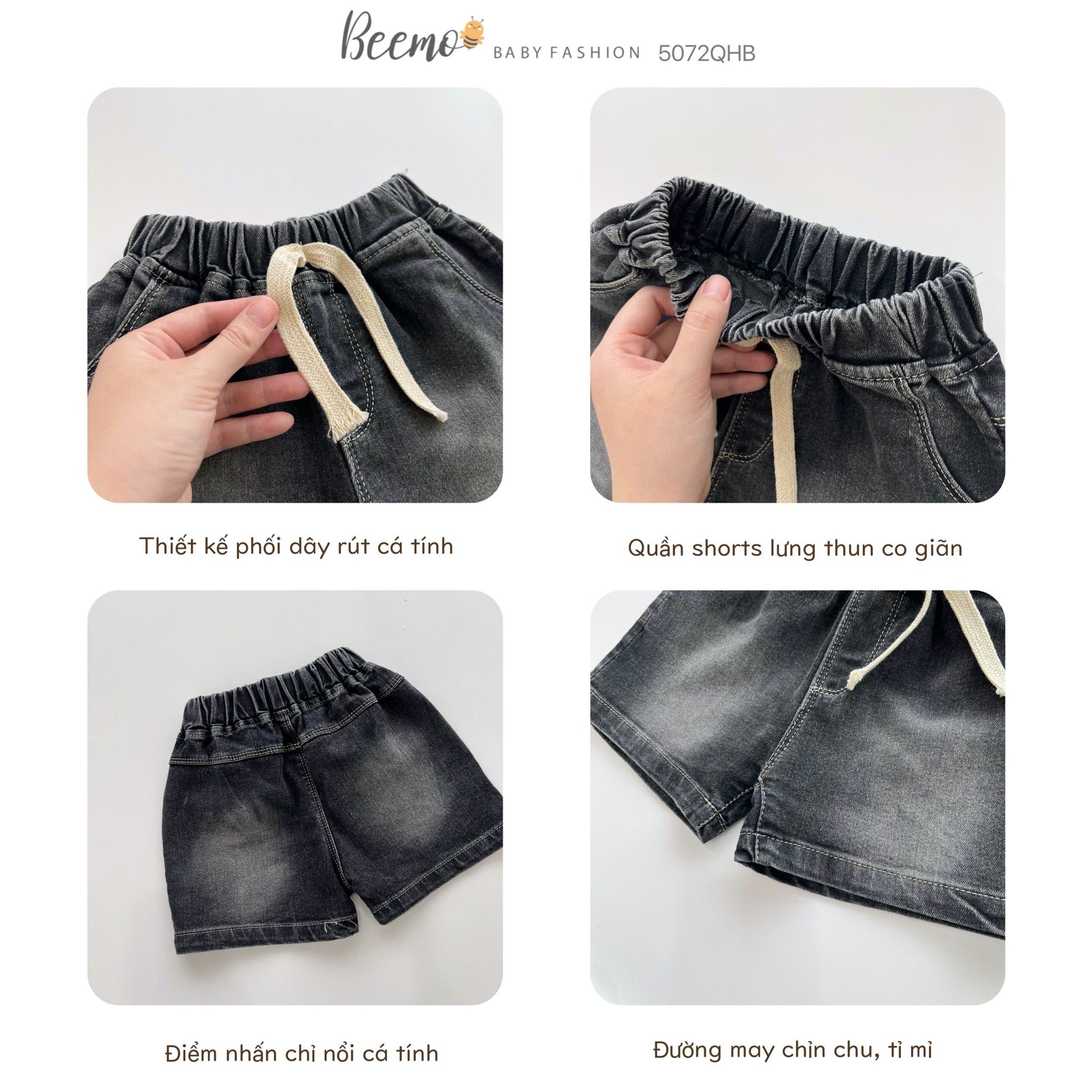 Quần short jean mềm Beemo vải wash 2 màu xanh/đen bé trai size 80-130