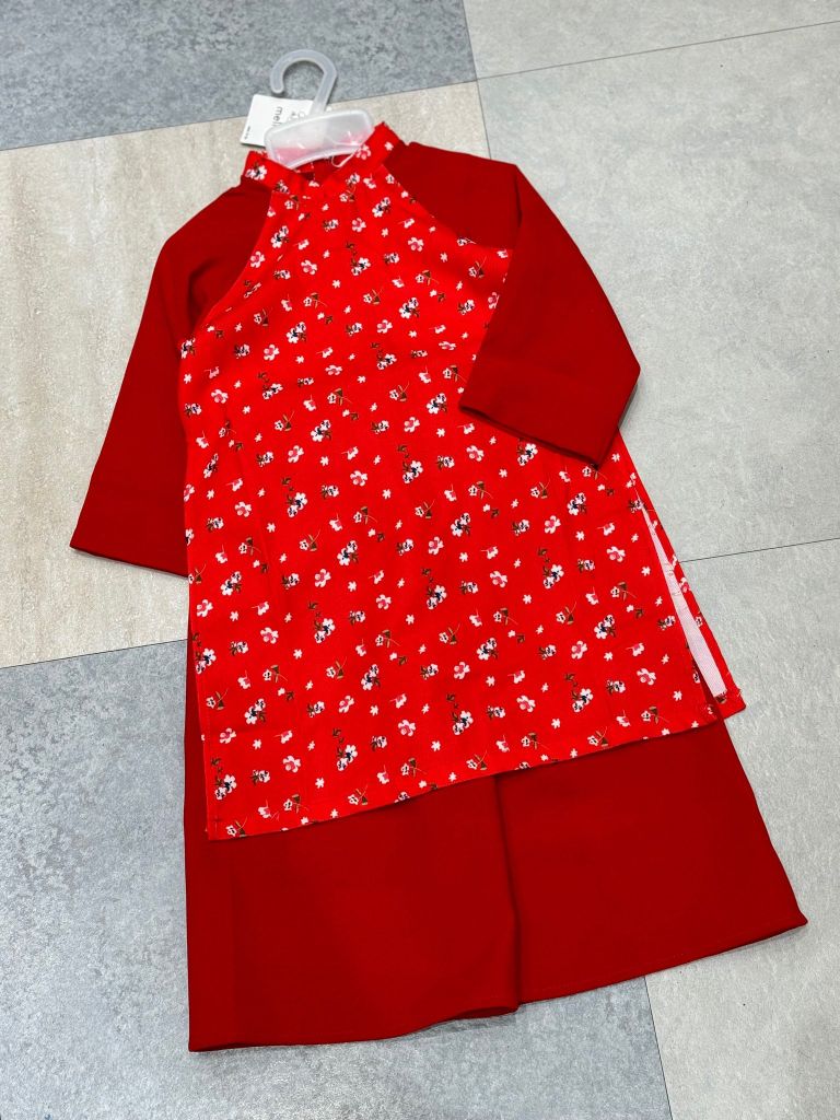 MLS 3687 - Áo dài Melisa nhung đỏ hoa nhí phối tay tay bé gái size 2-12y