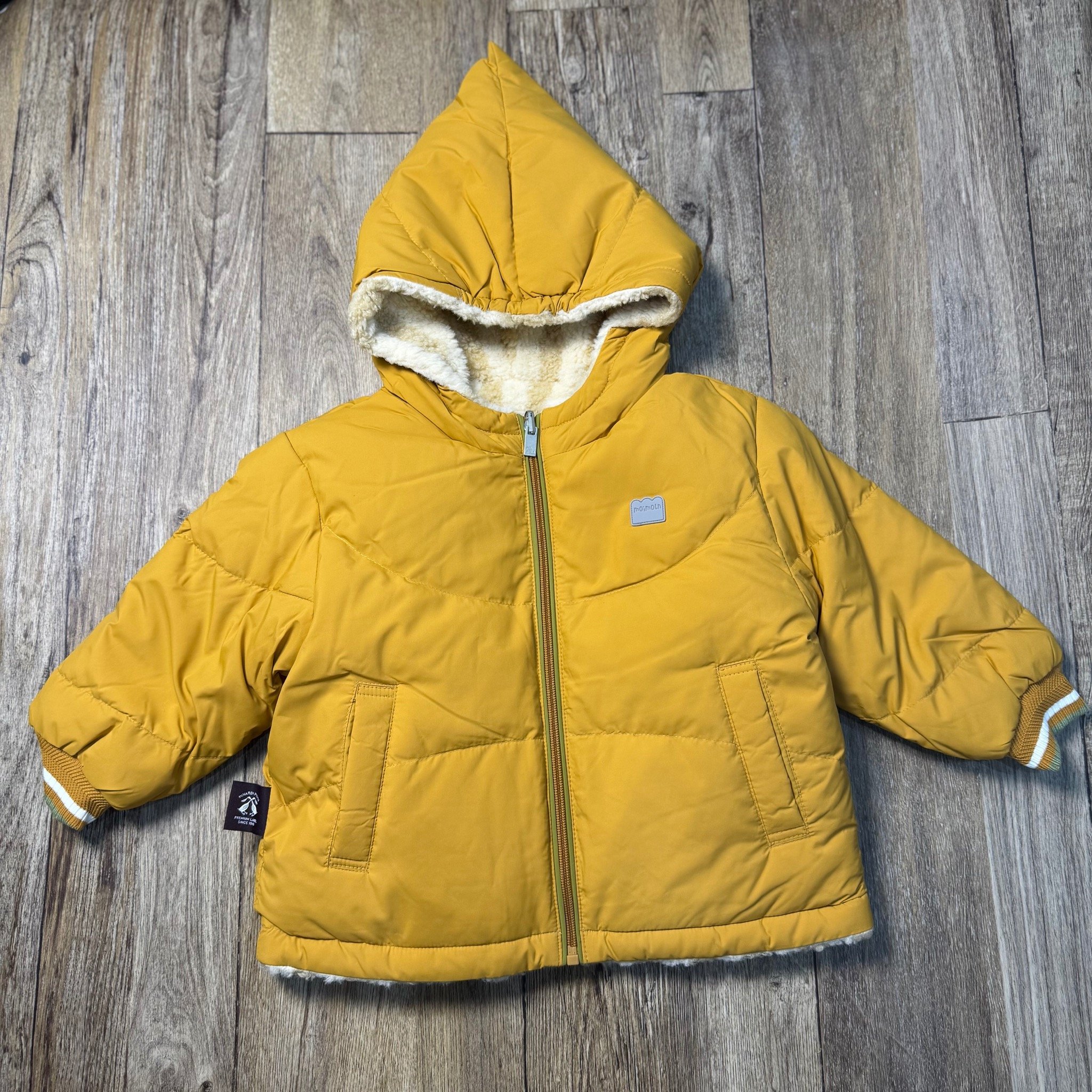 Áo khoác lông vũ Moimoln 2 mặt màu cam nâu phối lông kẻ cho bé size 90-120