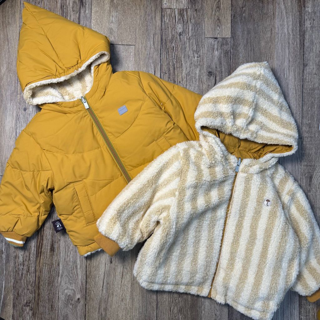 Áo khoác lông vũ Moimoln 2 mặt màu cam nâu phối lông kẻ cho bé size 90-120