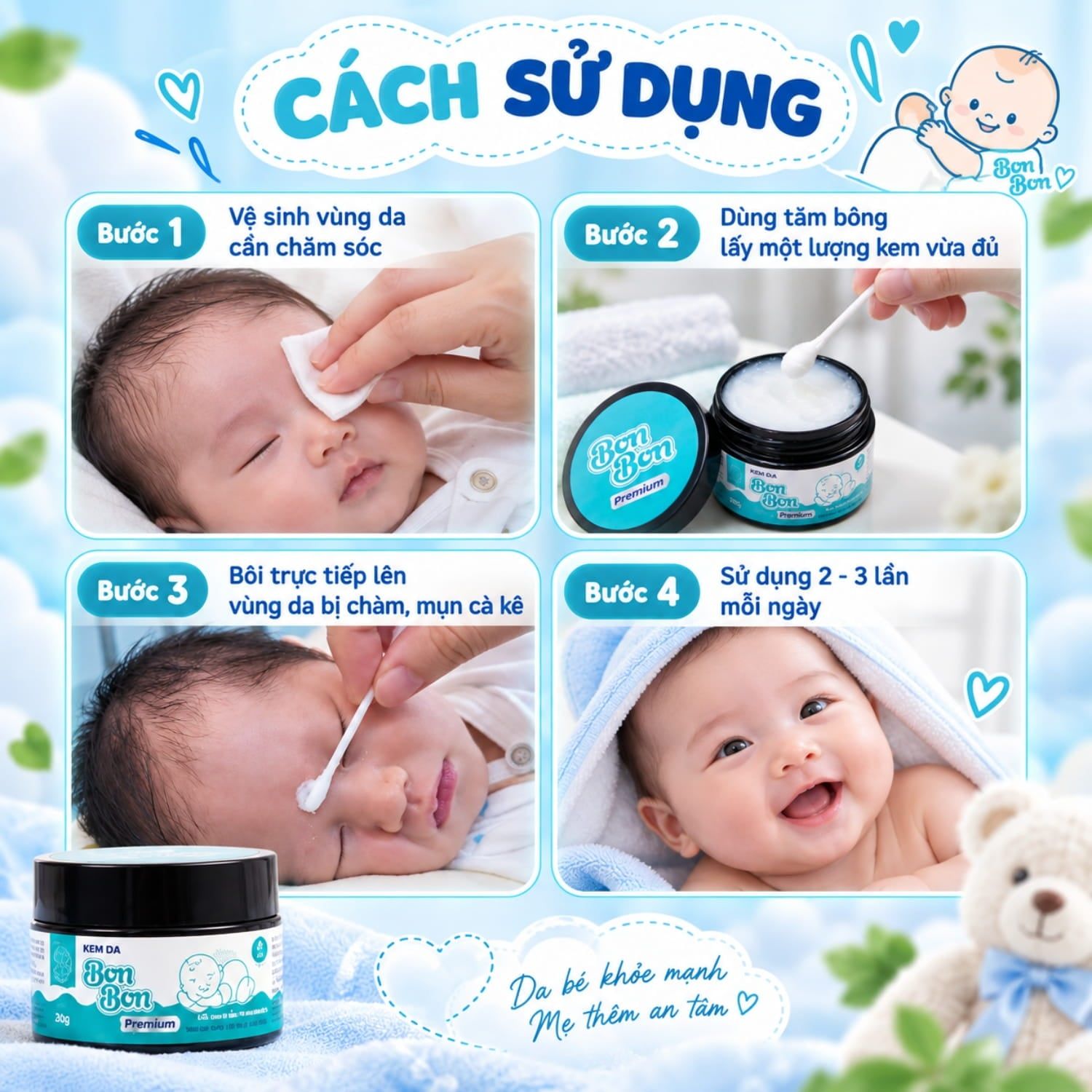 Quy trình 4 bước bôi kem chàm sữa Bon Bon