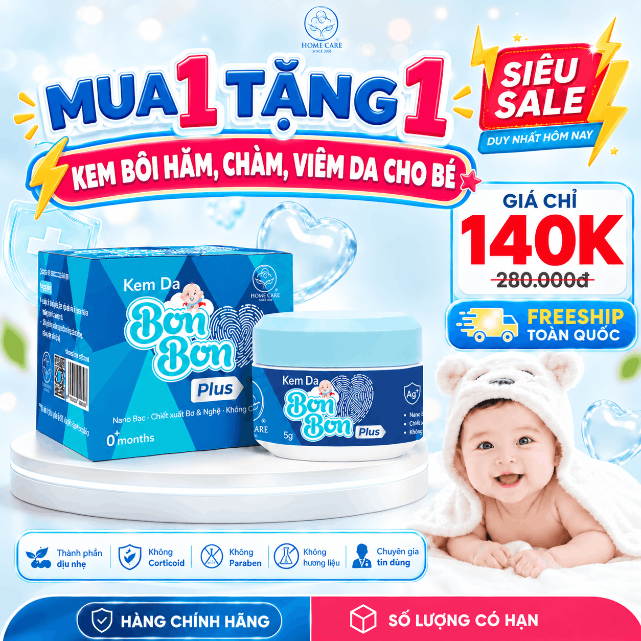  [Mua 1 Tặng 1] Kem Bôi Hăm Tã, Rôm Sảy, Viêm Da, Chàm Sữa Cho Bé Từ 0M+ | Kem Da Bon Bon 