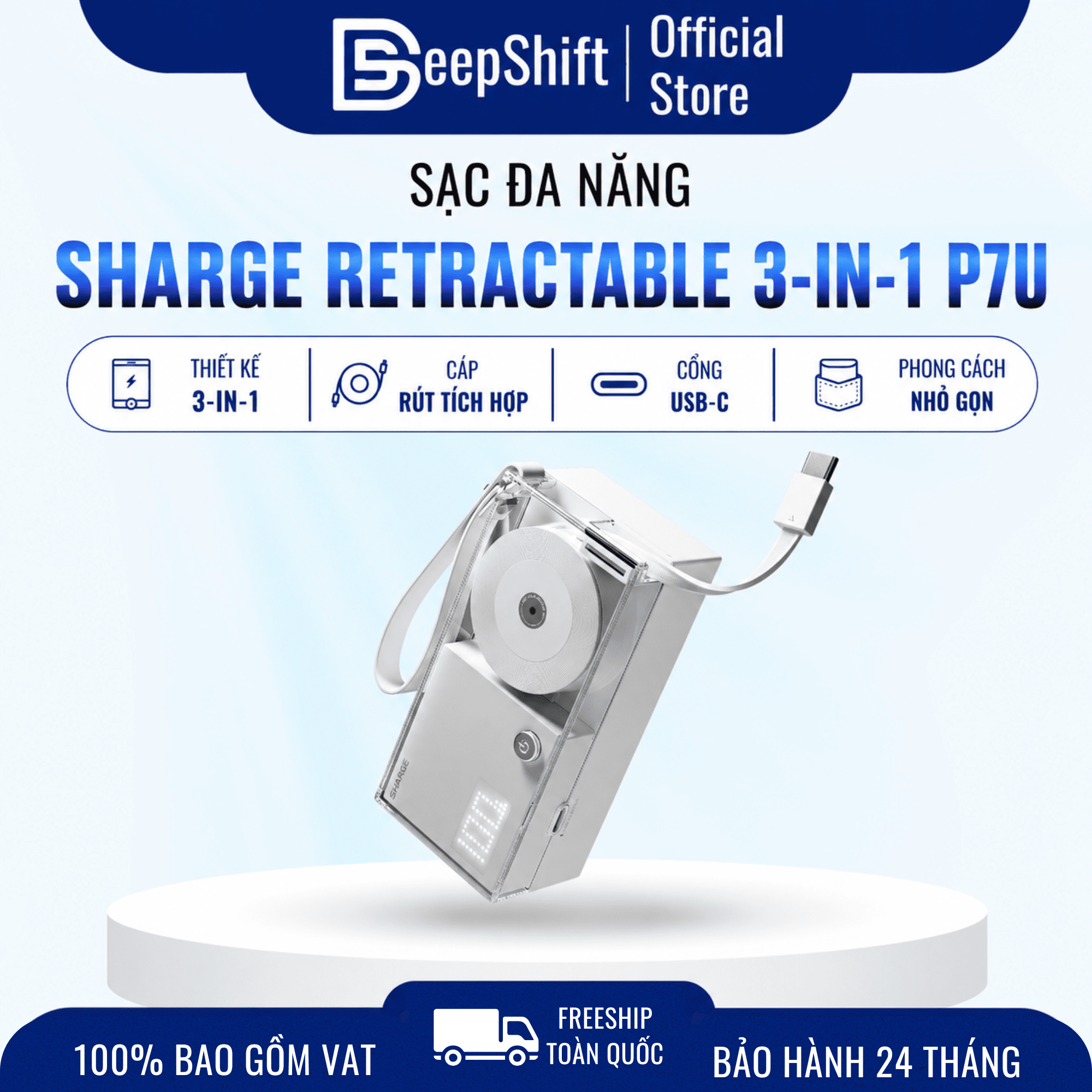 Sạc dự phòng Sharge - Retractable 3in1 - White charging accessory