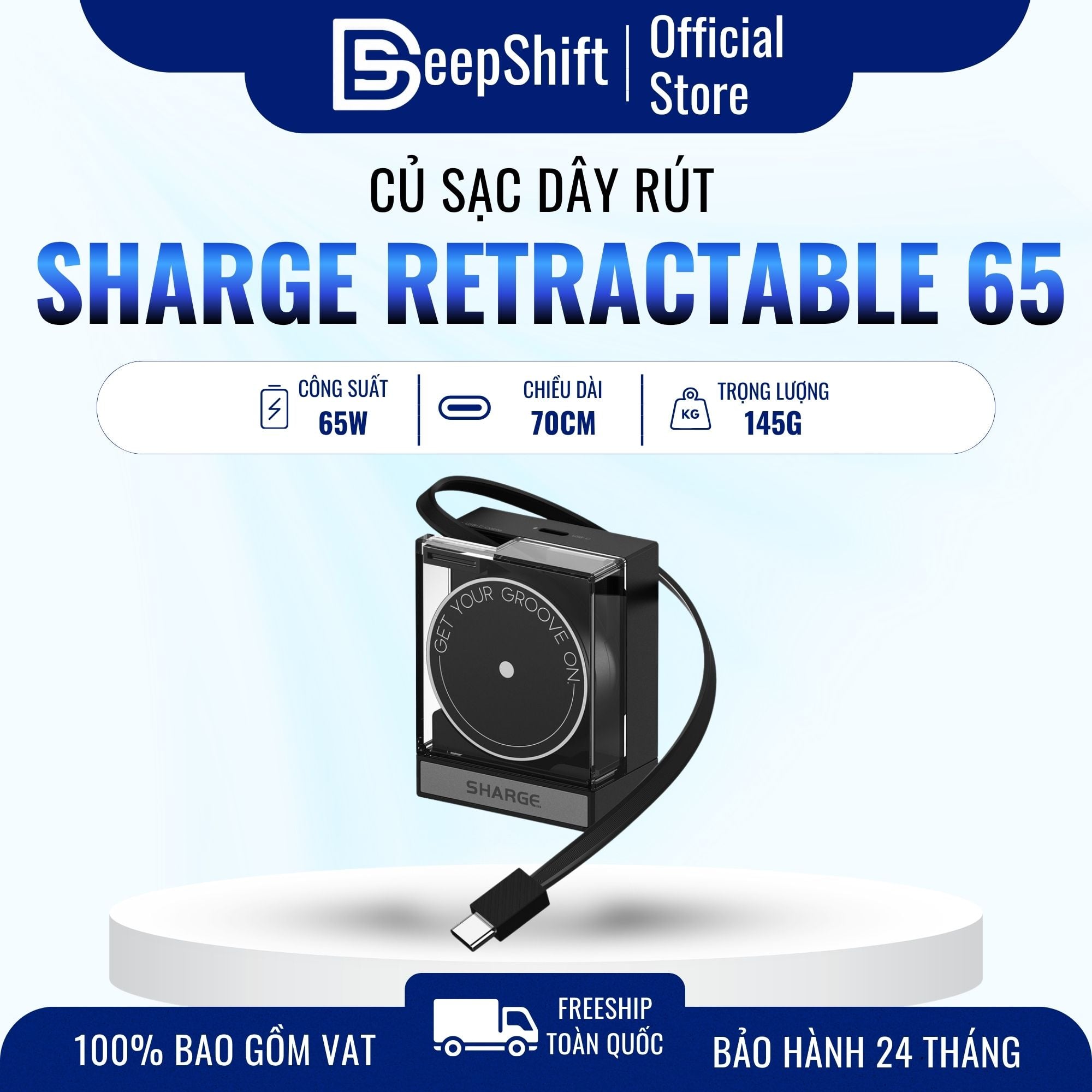 Củ Sạc Dây Rút SHARGE Retractable 65W GaN, Cáp USB-C Tích Hợp charging accessory
