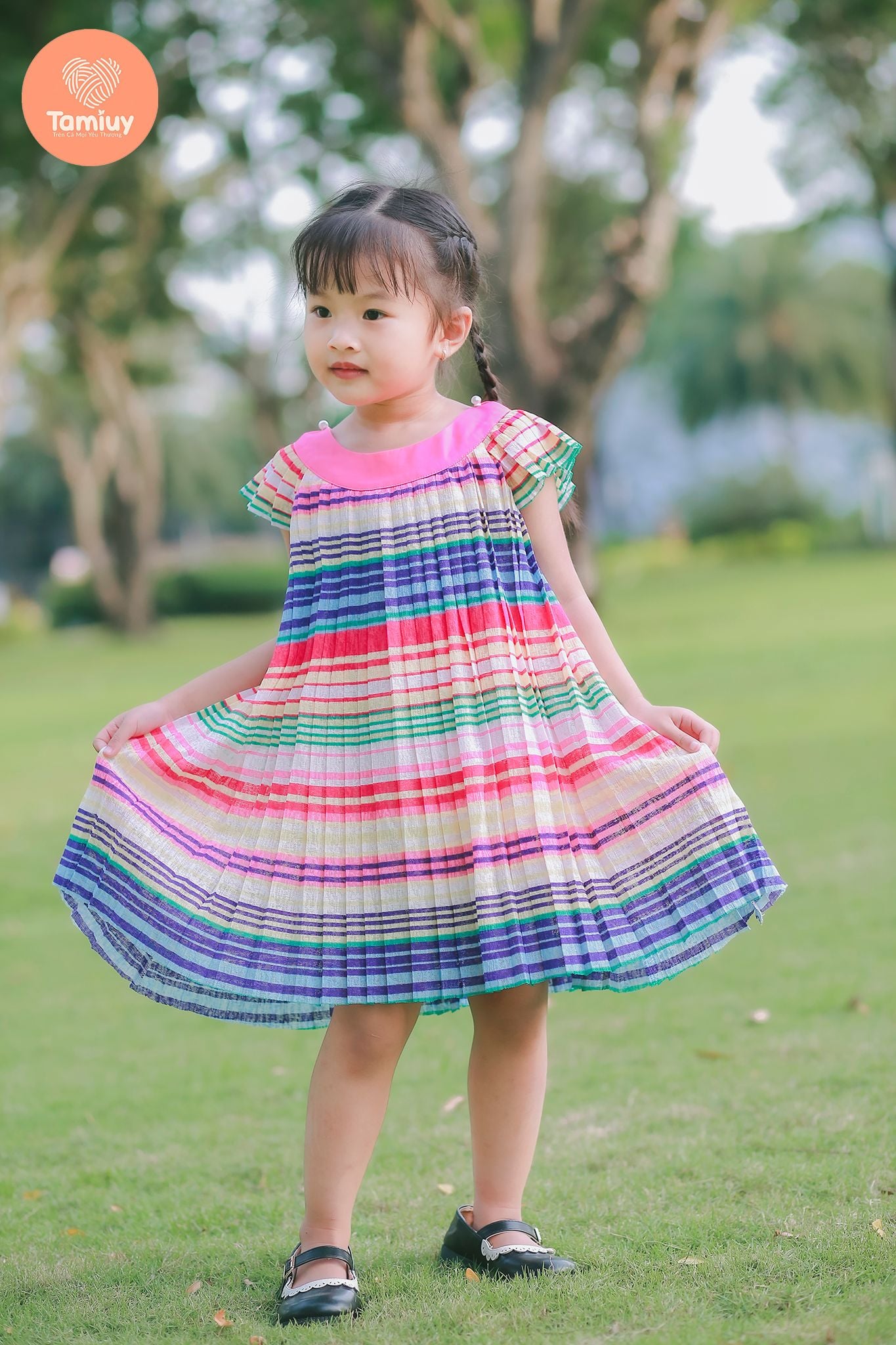  Đầm Cổ Yếm Dập Ly Tamiuy Voan Mềm Mại, Hoạ Tiết Cầu Vồng (1-10T) 