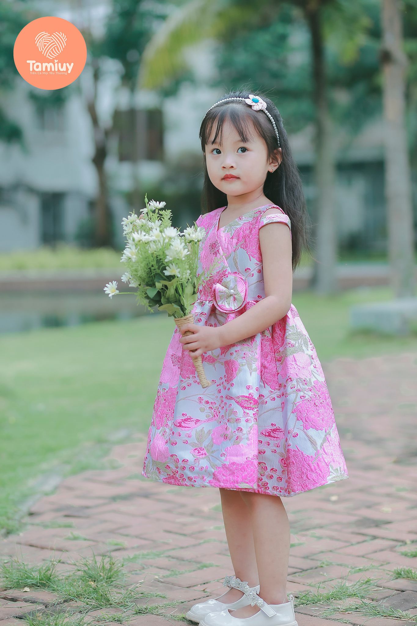  Đầm Xòe Vải Gấm Hoạ Tiết Bông Tamiuy Dành Cho Bé Gái (10-40kg) 