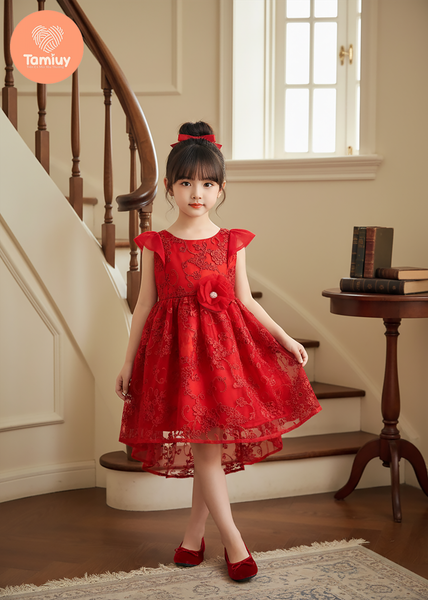  Đầm Dạ Hội Tamiuy  Ren Đuôi Cá Màu Đỏ, 3 Lớp Tùng Xòe Công Chúa (1-10T) 