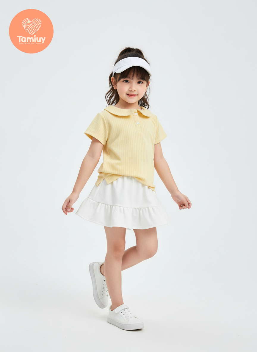  Tamiuy- Set Thiết Kế Bé Gái Áo Polo Cổ Trụ Năng Động Thể Thao Phối Chân Váy 