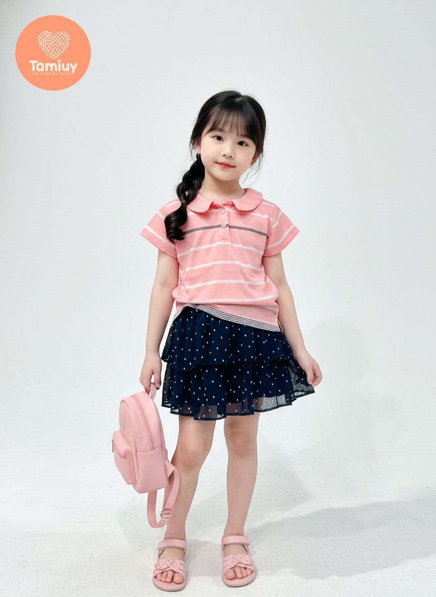 Tamiuy- Set Thiết Kế Bé Gái Áo Polo Cổ Trụ Năng Động Thể Thao Phối Chân Váy 
