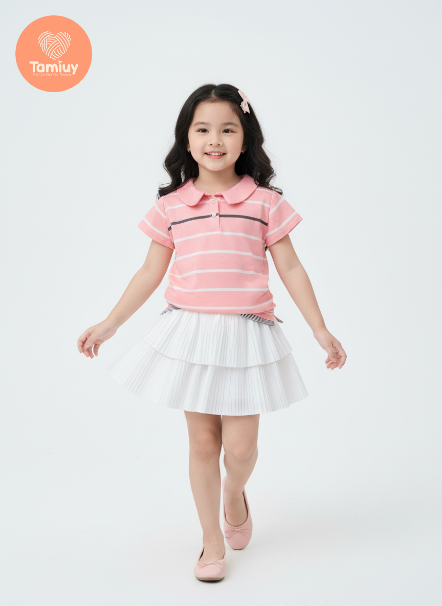  Tamiuy- Set Thiết Kế Bé Gái Áo Polo Cổ Trụ Năng Động Thể Thao Phối Chân Váy 