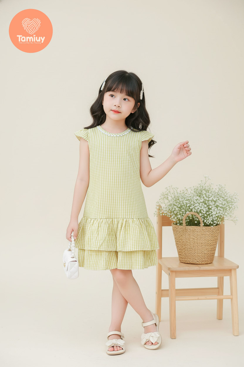  Tamiuy Đầm Xòe Đuôi Cá Bé Gái 2 Tầng Điệu Đà Vải Cotton Cho Trẻ Từ 1-10 Tuổi Màu Đỏ Caro 