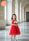  Tamiuy Đầm Dạ Hội Cao Cấp Màu Đỏ  Thân Đầm Trên Đính Cườm Và Hoa Ở Ngực Áo Size 8-12 