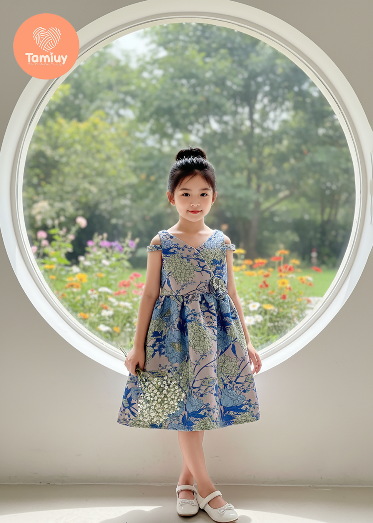  Đầm Xòe Vải Gấm Hoạ Tiết Bông Tamiuy Dành Cho Bé Gái (10-40kg) 