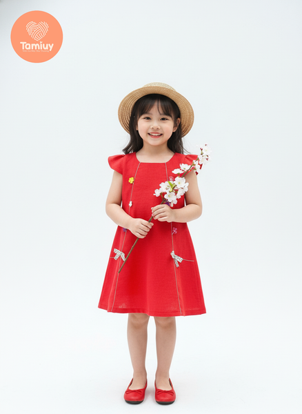  Đầm Linen Chạy Chỉ Nổi Thêu Hoa  Tamiuy Cao Cấp Xinh Xắn Đáng Yêu Ngây Thơ Dành Cho Bé Gái Từ 1-10 Tuổi 